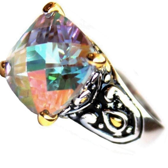 Womens Two Tone Gods Fire Throne Room Aurora Borealis AB Rainbow Ice CZ Ring 8 - Picture 1 of 7